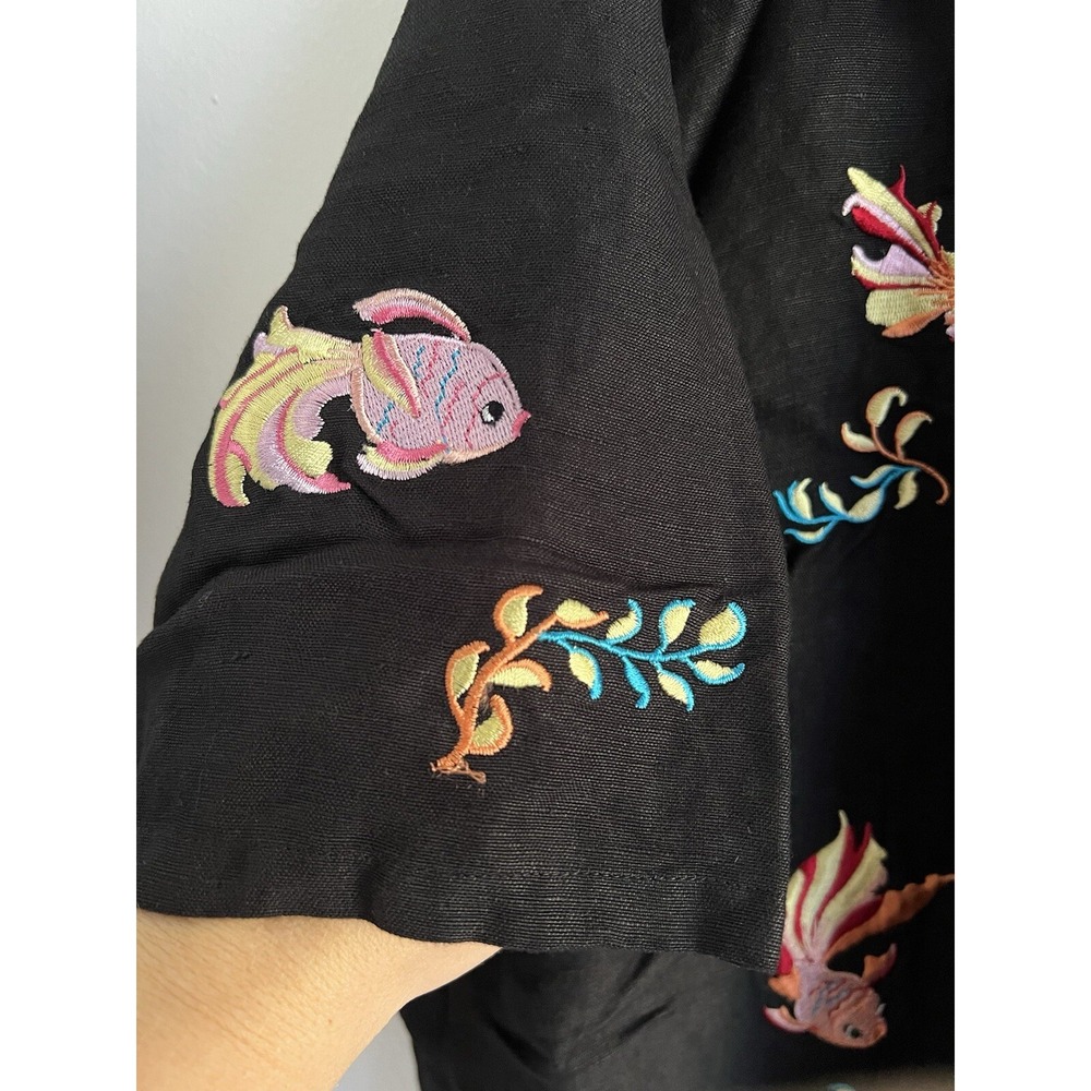 Sarah Spencer Black Linen Blouse Women's 16 Embroidered Artsy Goldfish Colorful - Picture 11 of 16